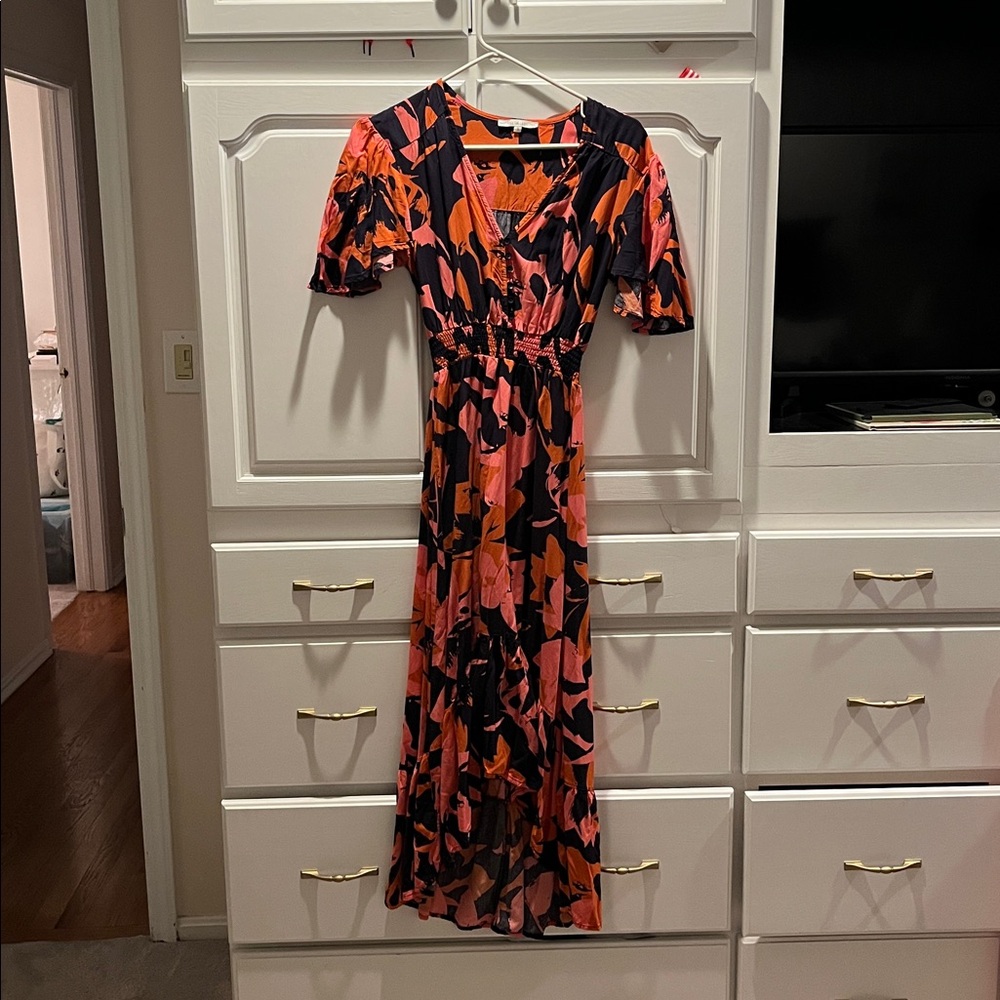 Abel the Label V-Neck Midi Dress in Black with Coral & Orange Print
